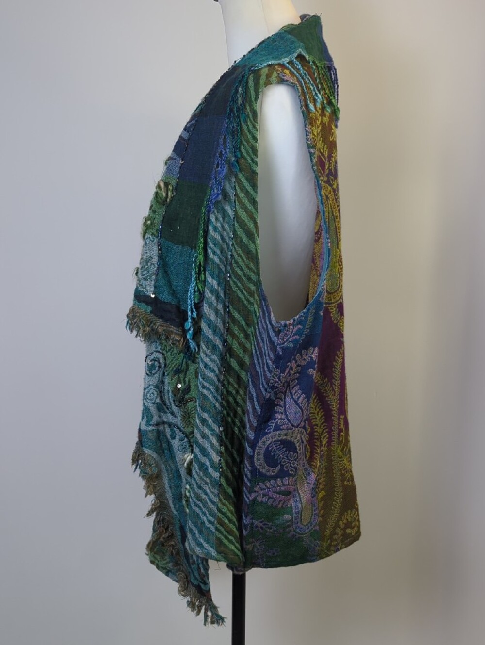 Anu by Natural 100% Wool Paisley Patchwork Beaded Boho Draped Vest Green Blue XL - Picture 10 of 16